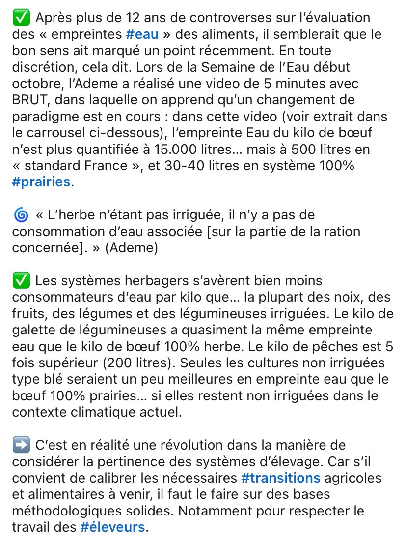 sebfr23's tweet image. Voilà une nouvelle étude de l @ademe qui remet ENFIN l église au milieu du village et la bonne quantité d eau 💦 sur le steak 🥩 bien loin des soit disant 15000L d eau/Kg si souvent avancé par les escrolos 
Texte sabine Bonnot 
#FrAgTw