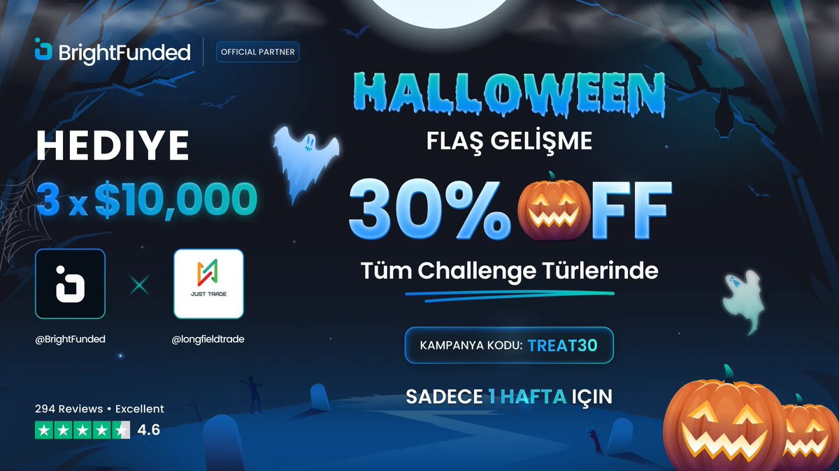 CADILAR BAYRAMI Hediyesi

BrightFunded'ın %30 İNDİRİM Cadılar Bayramı Promosyonu şerefine #HEDİYE düzenliyoruz! BrightFunded, sektördeki en hızlı ödeme yapmalarıyla bilinen Prop Firmasıdır! 🎃

3 x 10.000 $ hediye şartları

1. <a href="/BrightFunded/">BrightFunded</a> <a href="/longfieldtrade/">Longfield.BOTRADEX</a>'i takip edin
2. Beğenin