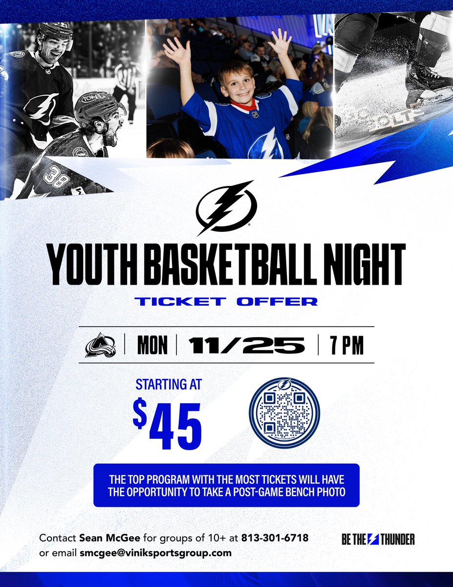 I’m excited to bring basketball programs to experience Lightning hockey!

This is a great way to bond with teammates off the court and enjoy a night with coaches/parents

With tickets starting at $45 - take the family out during the Thanksgiving break!

lnkd.in/eqrvWw7Z