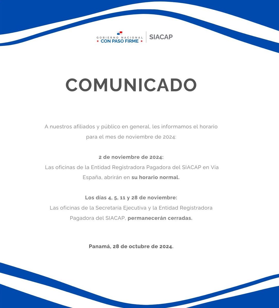 A nuestros afiliados y público en general, les informamos el horario que tendremos para el mes de noviembre próximo. Agradecemos su atención.