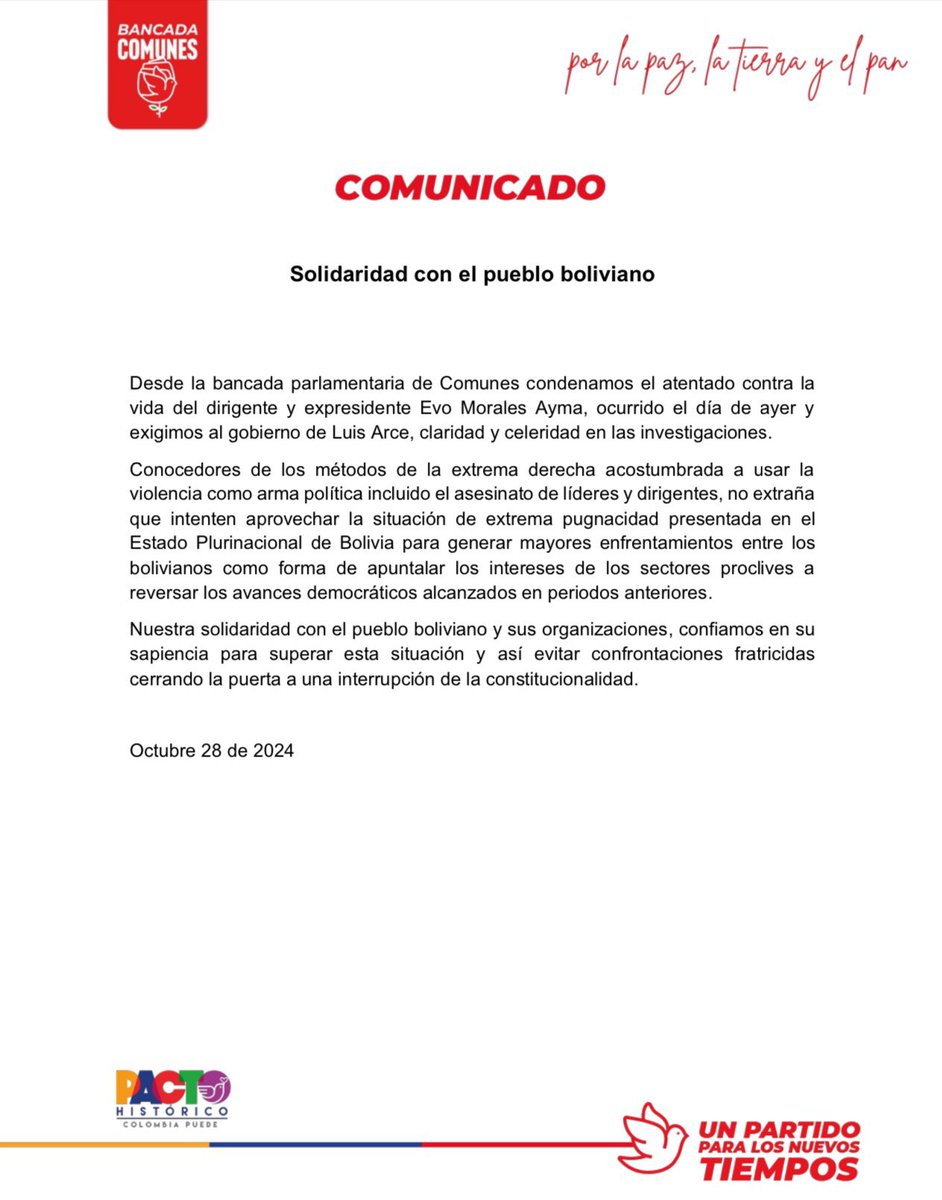 ComunesCoL's tweet photo. #COMUNICADO 

Condenamos el atentado contra @evoespueblo y exigimos al Gobierno de Luis Arce que investigue con claridad y rapidez. Sabemos que la extrema derecha recurre a la violencia política y busca generar conflictos en Bolivia para socavar los logros democráticos. https://t.co/CE20jvrZNY