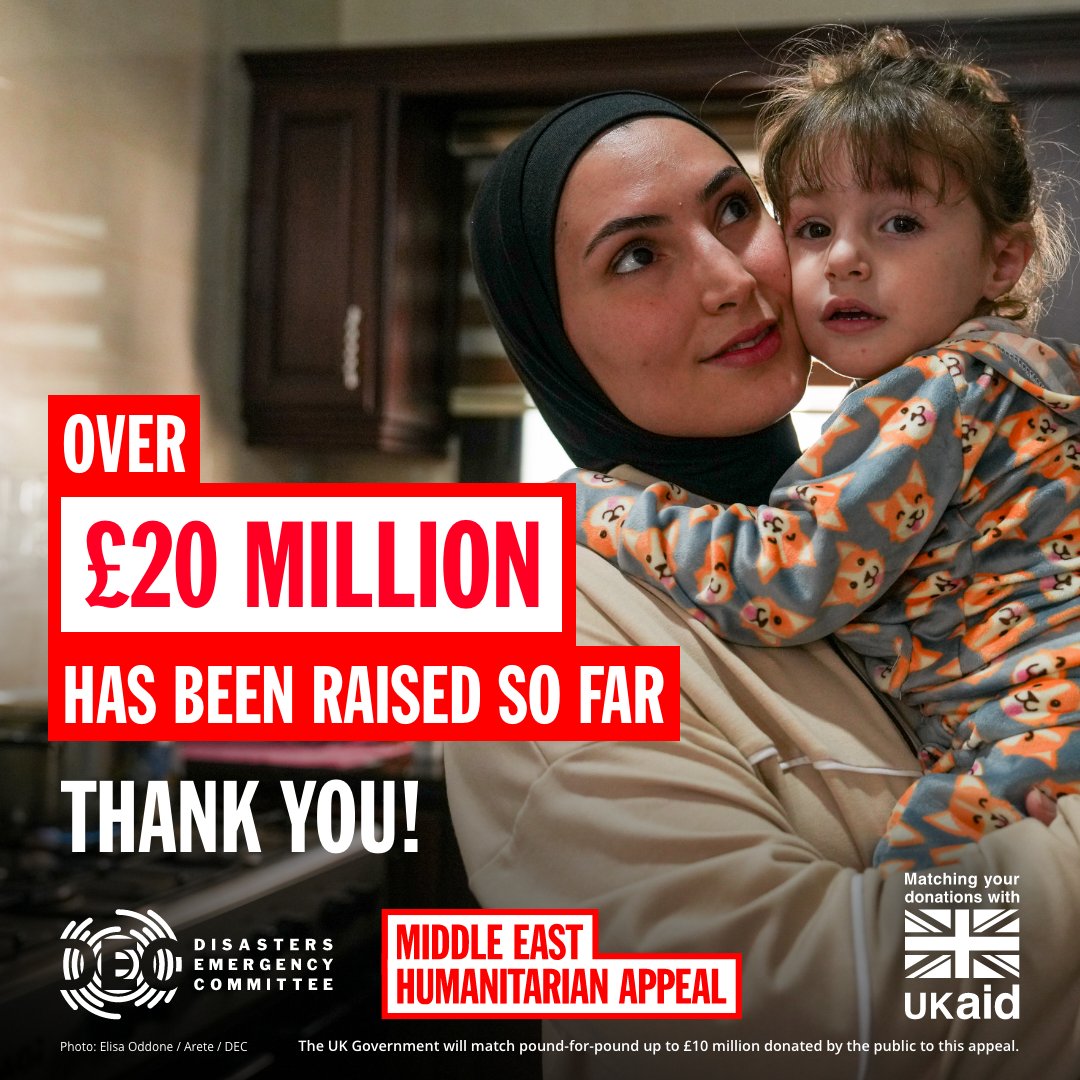 Thank you! Thanks to your generous donations, our Middle East Humanitarian Appeal has so far raised an incredible £20 million. 

This includes £6.7 million UK Aid Match. The UK Government will match pound-for-pound up to £10 million donated by the public to this appeal, meaning