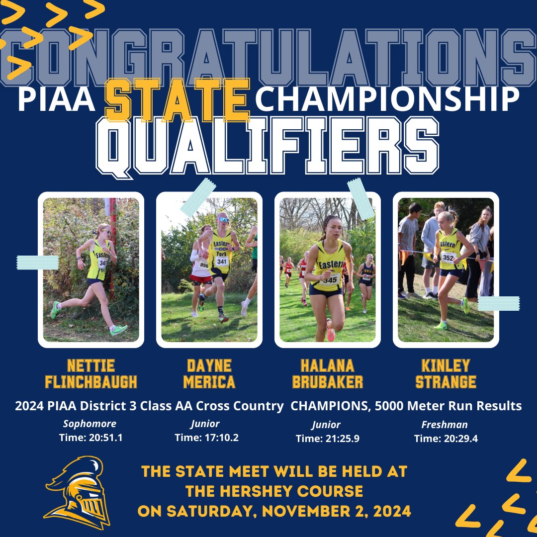 EYathlbooster's tweet photo. 🎉 Congratulations to our PIAA State Championship Qualifiers! 🎉
These athletes have punched their tickets to the State Meet at Hershey on Saturday, November 2, 2024! Let’s celebrate these Knights and cheer them on to the finish! 💙💛
#itsknighttime #eyathleticboosterclub https://t.co/40gAAdUx7p