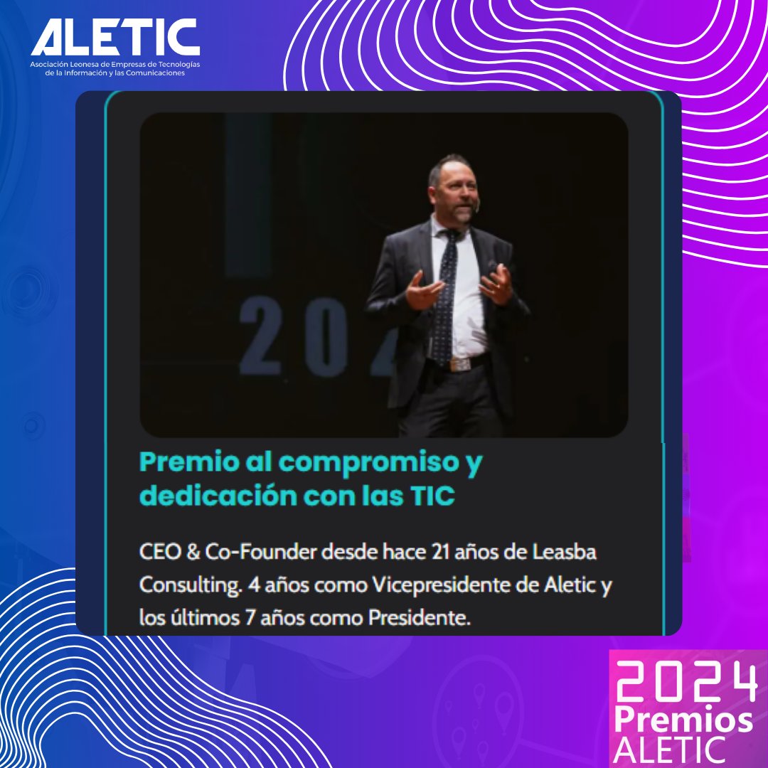 🏆 Premio al Compromiso y Dedicación con las TIC #PremiosALETIC2024

<a href="/LucioFuertes/">Lucio Fuertes</a> , CEO &amp; Co-Founder de <a href="/Leasba/">Leasba</a> , personifica la dedicación al desarrollo del sector TIC en León.

Su visión y compromiso han sido fundamentales para impulsar el ecosistema tecnológico Leonés.