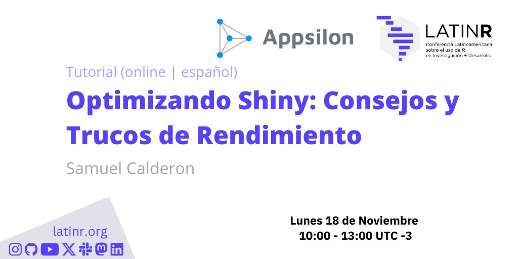 LatinR (@latinr_conf) on Twitter photo ⭐ ¿fans de shiny en la sala? Llega el tutorial de Appsilon para esta edición de #LatinR2024! 
Agenda:
🗓️ 18 de noviembre
🕜 10:00 - 13:00 (UTC-3)
🖥️ VIRTUAL
Info e inscripciones: eventbrite.cl/e/optimizando-… ⭐ ¿fans de shiny en la sala? Llega el tutorial de Appsilon para esta edición de #LatinR2024! 
Agenda:
🗓️ 18 de noviembre
🕜 10:00 - 13:00 (UTC-3)
🖥️ VIRTUAL
Info e inscripciones: eventbrite.cl/e/optimizando-…