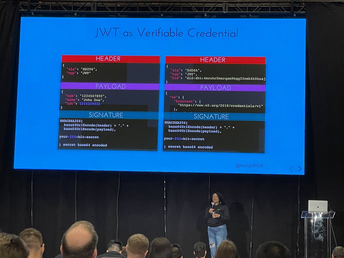 Great talk from <a href="/techgirl1908/">Angie Jones</a> at ATO about JWT and Verifiable Credentials! So many great use cases! #allthingsopen #ato #ato2024
