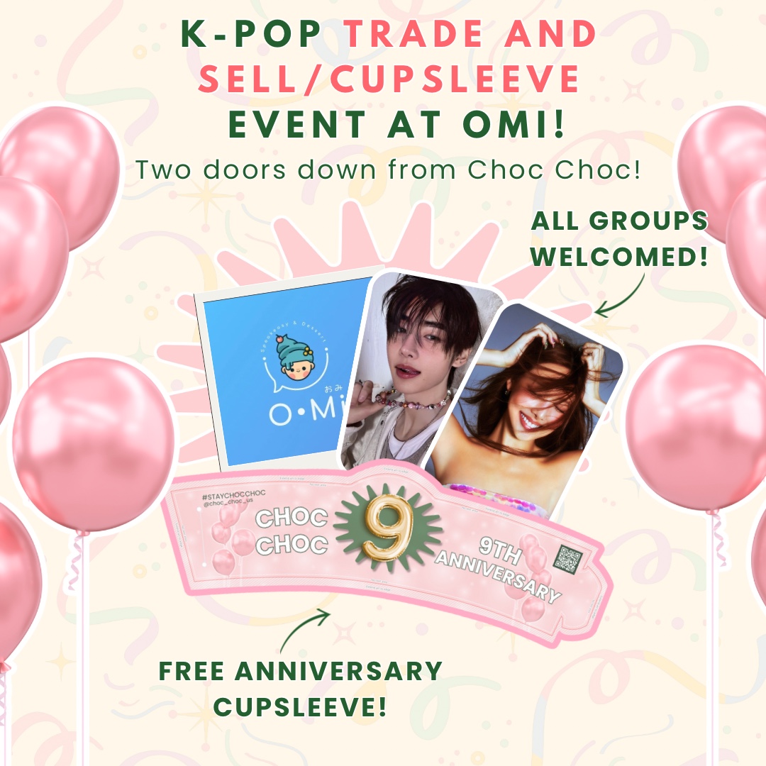 ✨Join us for CHOC CHOC Trade &amp; Sell/Anniversary Event!✨

🗓️ 11/9
🕐 12PM - 5PM
📍OMI Cafe 

All groups welcomed so bring your binders!!

👀 And I'll be making some gifts for Hongjoong and Wooyoung's bdays to hand out as well so if you're an Atiny... pop by and say hi!