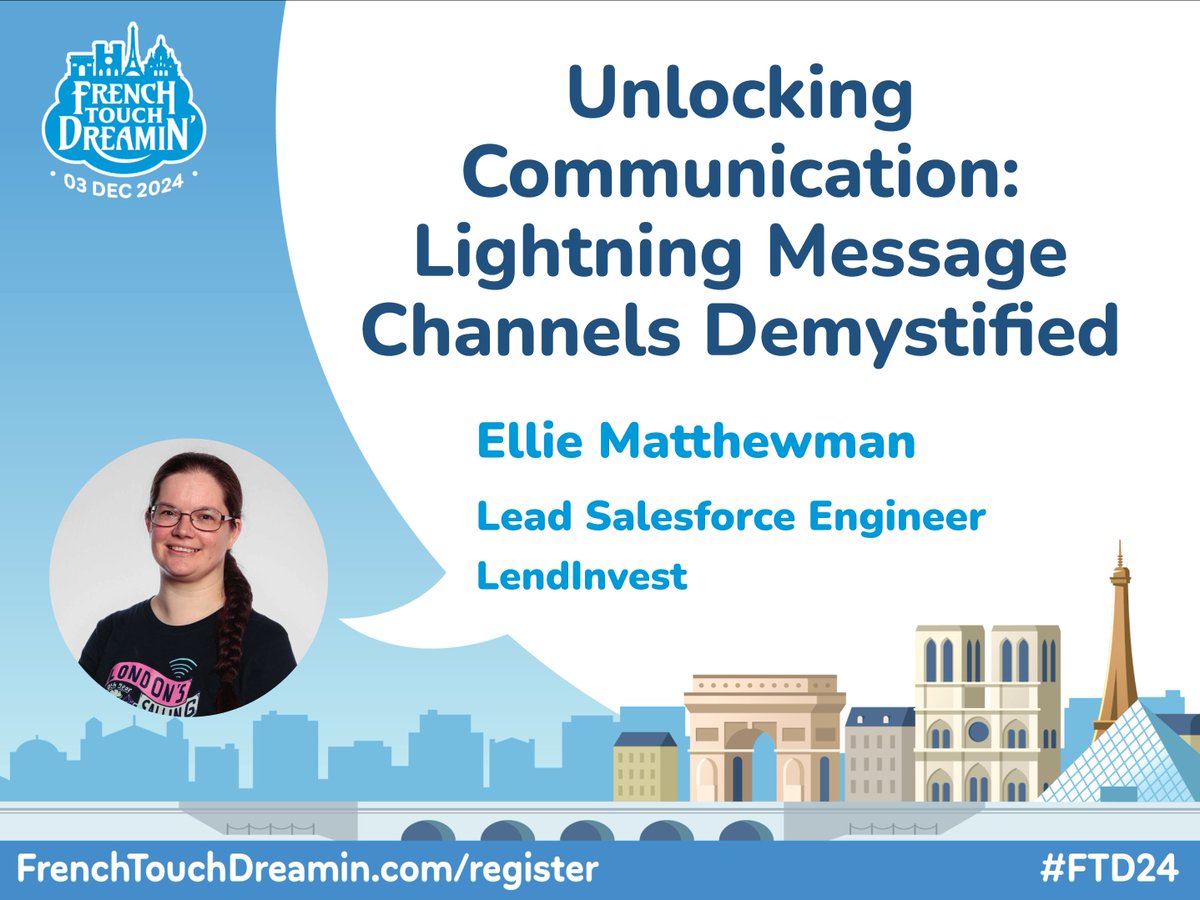 Ellie (Now only on BlueSky) (@ellieatwhl) on Twitter photo Seeing my session confirmed on the <a href="/FTDreamin/">French Touch Dreamin</a> agenda just made it real! 🎉
I'll be showing how Lightning Message Channels can supercharge your Salesforce apps with real-time interactions between components.
Join me to see dynamic, engaging UIs come to life!
#FTD24 Seeing my session confirmed on the <a href="/FTDreamin/">French Touch Dreamin</a> agenda just made it real! 🎉
I'll be showing how Lightning Message Channels can supercharge your Salesforce apps with real-time interactions between components.
Join me to see dynamic, engaging UIs come to life!
#FTD24