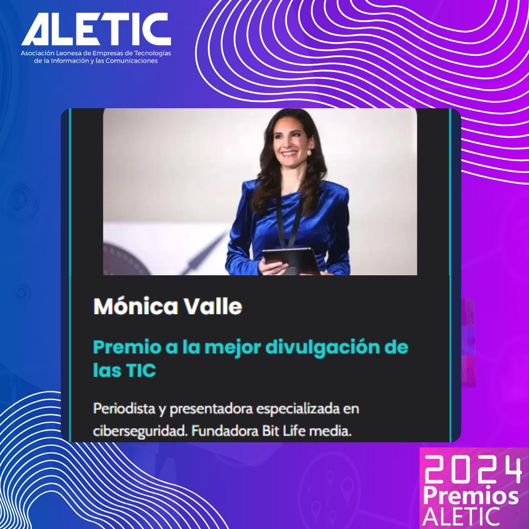 AleticLeon's tweet image. 🏆 Premio a la Mejor Divulgación de las TIC
#PremiosALETIC2024

@monivalle ha revolucionado la divulgación de la ciberseguridad en España a través de @BitLifeMedia 
Su capacidad para hacer accesible la tecnología y la ciberseguridad la convierte en una voz fundamental del sector
