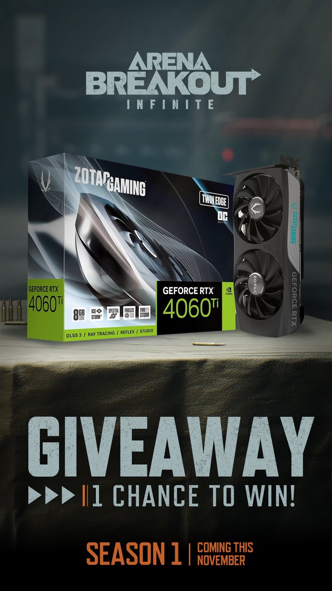 We’re thrilled to officially announce that our new version will be launching this November! 
To celebrate, we’re giving away a 4060 Ti!
Rules:
1⃣Follow me @arenabreakoutpc and <a href="/Realenzozhang/">Enzo Zhang</a>
2⃣Like, and retweet 
The draw ends in 4 days

good luck!  #ArenaBreakoutPC