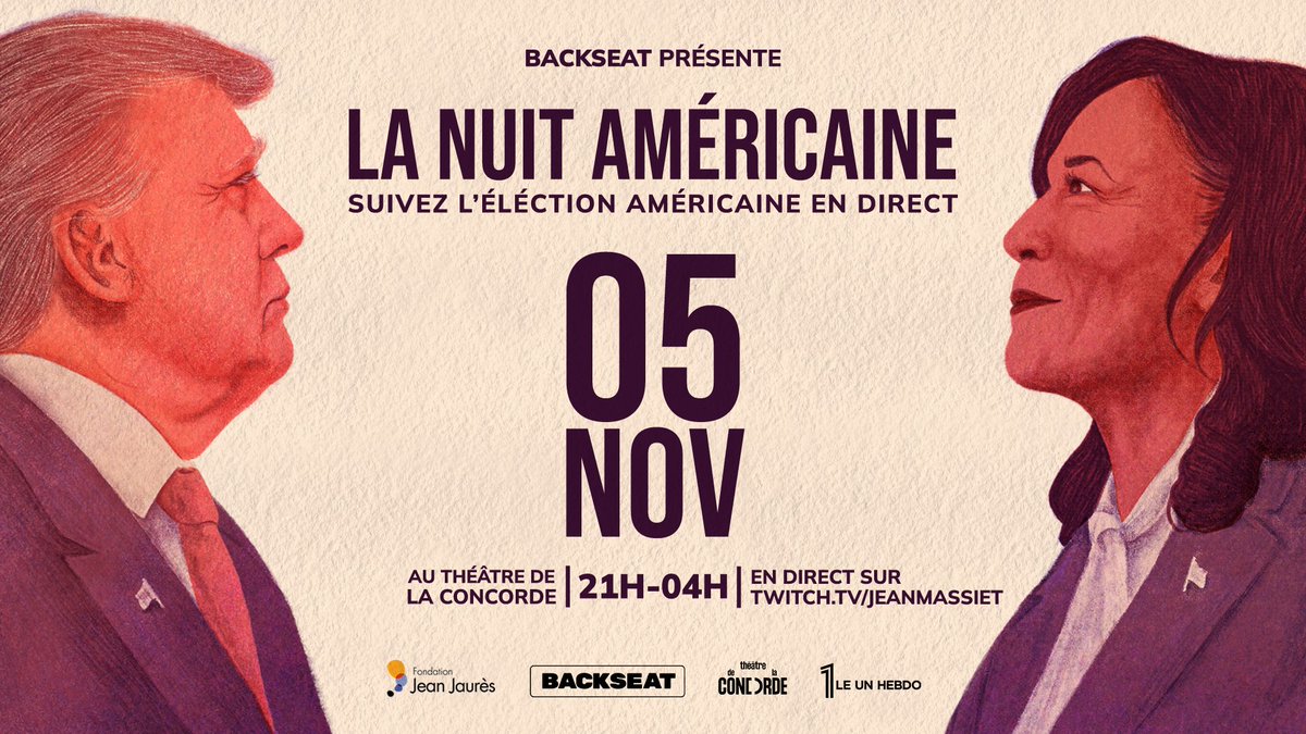 Qui de Kamala Harris ou de Donald Trump remportera les élections présidentielles aux États-Unis ?  

Prenez part à cette soirée électorale présentée par <a href="/Backseat_fr/">Backseat🎙</a> le 5 novembre au théâtre de la Concorde et suivez les résultats en direct.    

🎟️ Inscriptions :