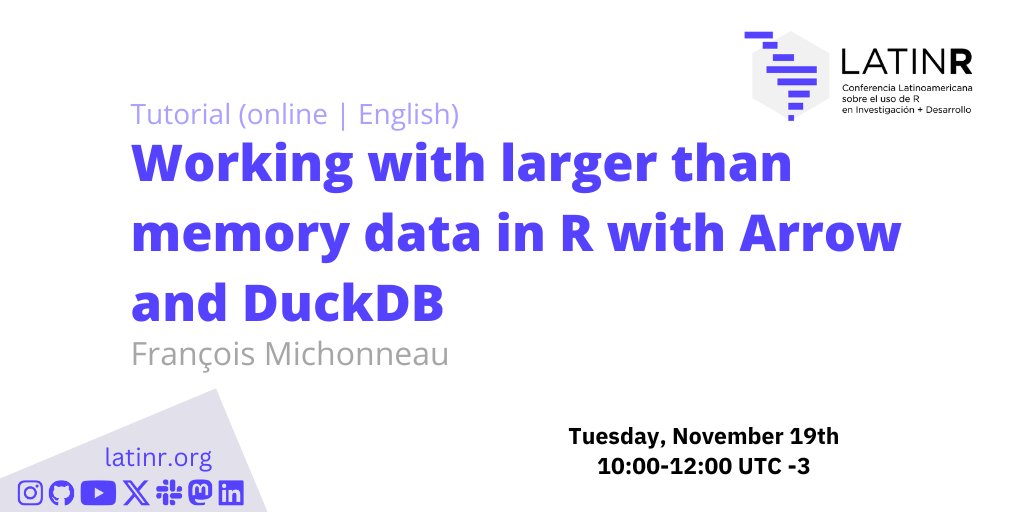 LatinR (@latinr_conf) on Twitter photo #LatinR2024 Tutorial en inglés para trabajar con grandes datos en R con Arrow and DuckDB ⚡
Agenda:
🗓️ 19 de noviembre
🕜 10:00 - 12:00 (UTC-3)
🖥️ VIRTUAL
Inscripciones en eventbrite.cl/e/tutorial-wor… #LatinR2024 Tutorial en inglés para trabajar con grandes datos en R con Arrow and DuckDB ⚡
Agenda:
🗓️ 19 de noviembre
🕜 10:00 - 12:00 (UTC-3)
🖥️ VIRTUAL
Inscripciones en eventbrite.cl/e/tutorial-wor…