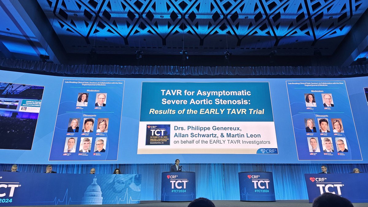 WallyOmarMD's tweet image. EARLY-TAVR at #TCT2024 showed significant benefit of TAVR in asymptomatic patients with severe AS. Presented by @PhilGenereuxMD
👉🏻Asymptomatic patients w/ negative stress test enrolled
👉🏻Median f/u ~4 years
👉🏻Primary endpoint death, stroke, unplanned CV hosp, 50% lower eith TAVR
