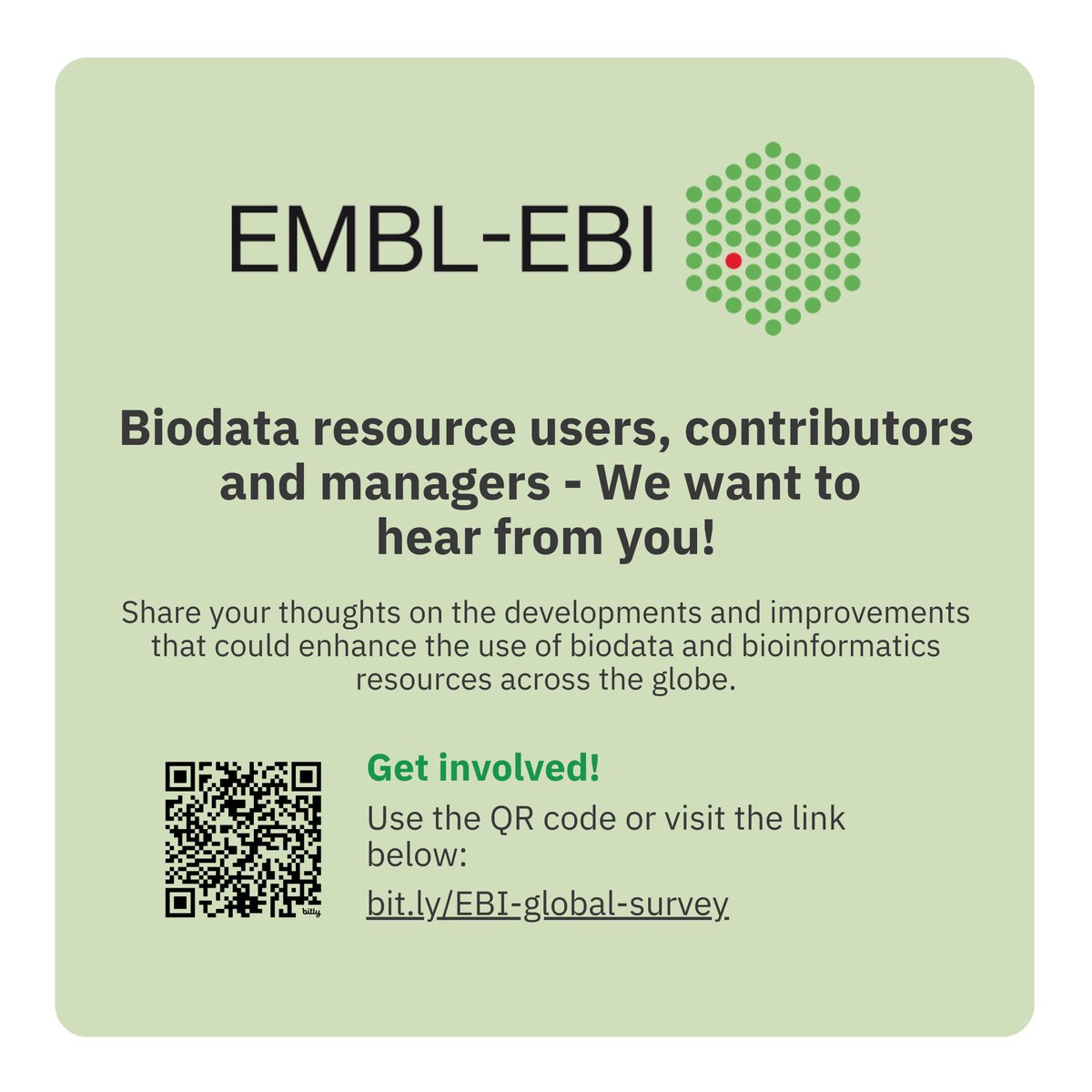 rschconsulting's tweet image. Do you work with biodata, contribute to or manage biodata resources? We are supporting @emblebi in discovering insights into the current use &amp;amp; future needs of biodata and bioinformatics resources. Please fill in their survey! 🌍 bit.ly/EBI-global-sur… #biodata #bioinformatics