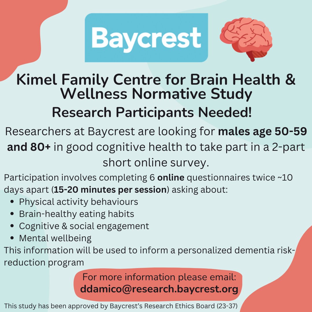 We are recruiting men age 50-59 and 80+ in good cognitive health to take part in an online study. The study consists of 6 questionnaires about lifestyle behaviours at 2 time points, 1 week apart, taking approx. 15-20 mins at each time. Email us for more info!