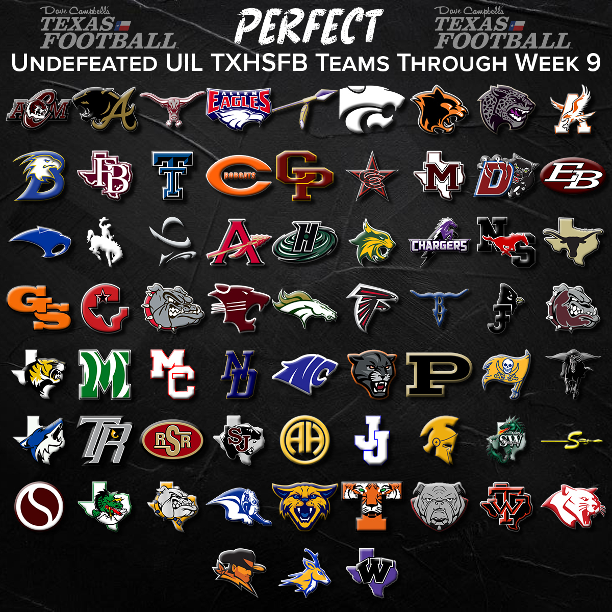 PERFECT THROUGH 9!

These are the undefeated UIL #TXHSFB teams left going into Week 10.

Let us know if you see YOUR team here!

#Dctf #TexasFootball #HSFootball