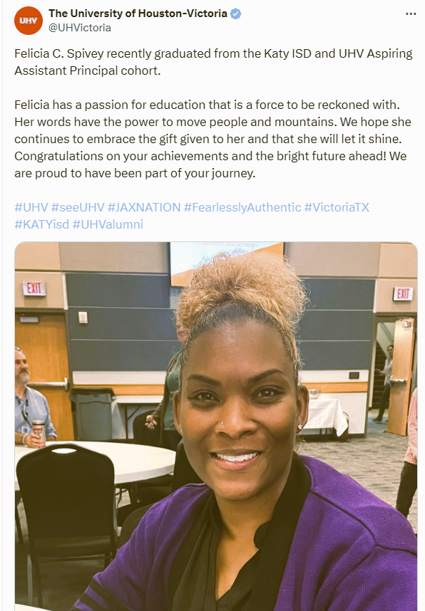 Coach Spivey (@livelolluv4ever) on Twitter photo Thank you,<a href="/MStoneTHS/">Melinda Stone, Ed.D.</a> <a href="/UHVictoria/">The University of Houston-Victoria</a> and <a href="/katyisd/">Katy ISD</a>, for the opportunity to speak. Iβm grateful to KatyISD for providing educators like us the chance to grow as future leaders. A huge thank you to <a href="/jjag1996/">Julie Hinson</a> and Coach Turner for encouraging me to apply! #whatsnext ππ€π Thank you,<a href="/MStoneTHS/">Melinda Stone, Ed.D.</a> <a href="/UHVictoria/">The University of Houston-Victoria</a> and <a href="/katyisd/">Katy ISD</a>, for the opportunity to speak. Iβm grateful to KatyISD for providing educators like us the chance to grow as future leaders. A huge thank you to <a href="/jjag1996/">Julie Hinson</a> and Coach Turner for encouraging me to apply! #whatsnext ππ€π