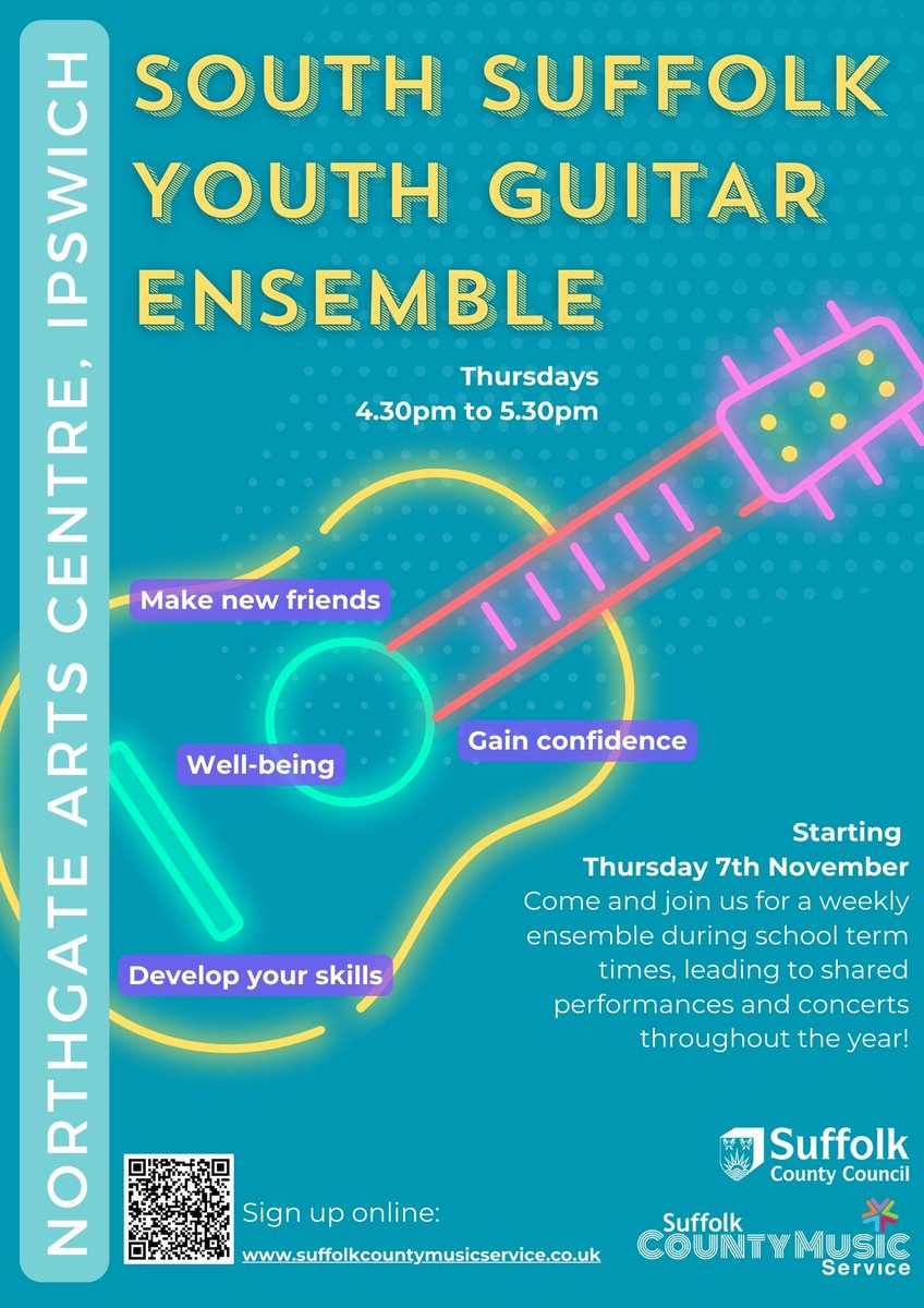 Suffolk County Music Service (@scmusics_scc) on Twitter photo South Suffolk Youth Guitar Ensemble begins on Thursday 7th November🎸
 
Where: Northgate Arts Centre, Ipswich
When: 4.30pm - 5.30pm
Who: Any young Guitarist whatever their standard!
Sign up and join us:  suffolkcountymusicservice.co.uk/take-part/suff…
#guitarist #friends #Wellbeing #confidence South Suffolk Youth Guitar Ensemble begins on Thursday 7th November🎸
 
Where: Northgate Arts Centre, Ipswich
When: 4.30pm - 5.30pm
Who: Any young Guitarist whatever their standard!
Sign up and join us:  suffolkcountymusicservice.co.uk/take-part/suff…
#guitarist #friends #Wellbeing #confidence