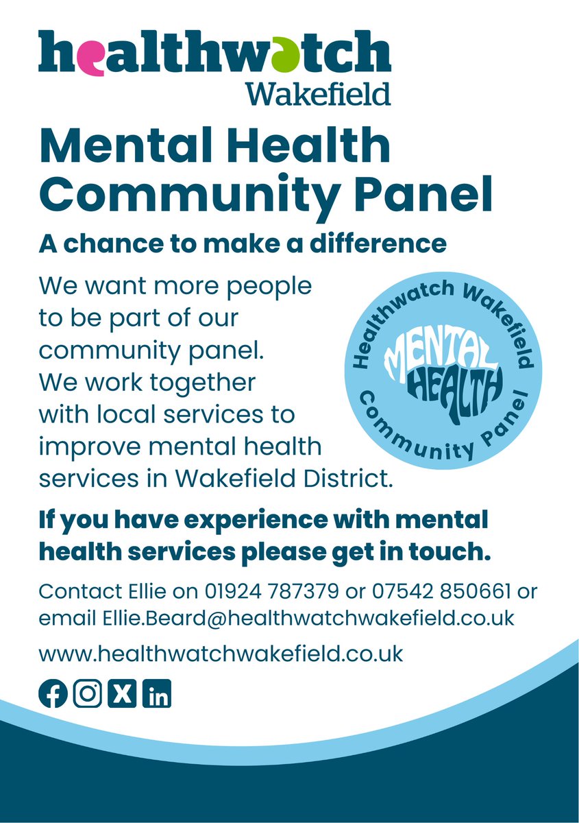 We want more people to join our mental health community panel. We work with local services to improve mental health services. If you have experience with these services, please get in touch. Find out more bit.ly/3BZVFbQ or call Ellie at 01924 787379.