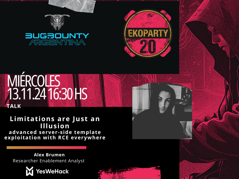 Bug Bounty Argentina (@bugbountyarg) on Twitter photo 🚀 Thrilled to welcome @brumens2 from <a href="/yeswehack/">YesWeHack ⠵</a> to the #BugBountyVillage at <a href="/ekoparty/">Ekoparty | Hacking everything</a>! His talk, "Limitations are just an illusion," dives into unique SSTI payloads achieving RCE 🔥. This is one you don’t want to miss! 👾✨ #Ekoparty20 #BugBounty
📅 2024-11-13 ⏰ 16:30 hrs 🚀 Thrilled to welcome @brumens2 from <a href="/yeswehack/">YesWeHack ⠵</a> to the #BugBountyVillage at <a href="/ekoparty/">Ekoparty | Hacking everything</a>! His talk, "Limitations are just an illusion," dives into unique SSTI payloads achieving RCE 🔥. This is one you don’t want to miss! 👾✨ #Ekoparty20 #BugBounty
📅 2024-11-13 ⏰ 16:30 hrs