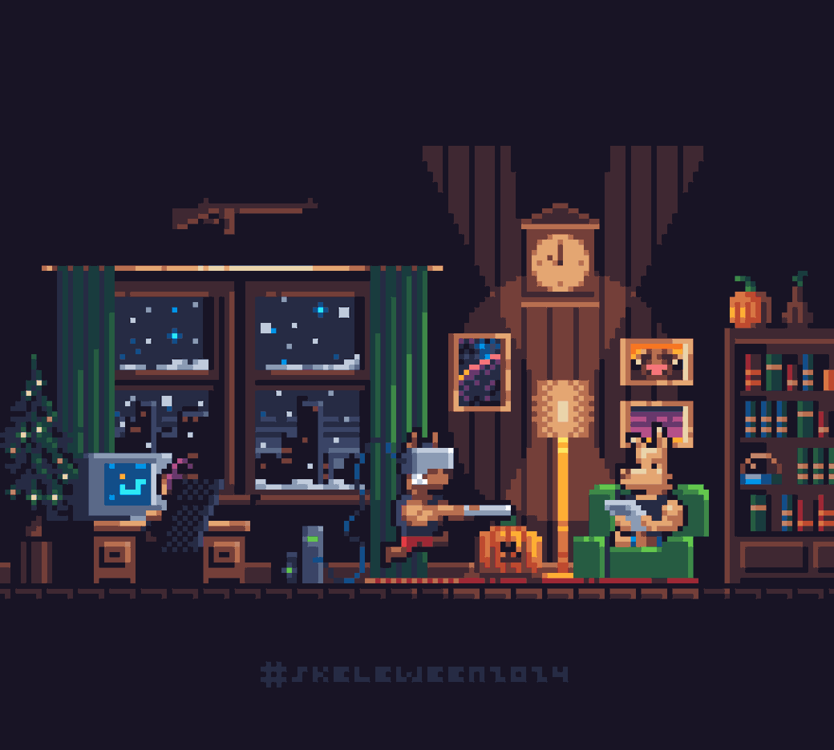 mistertabasc0's tweet photo. Yo! Another one for #SKELEWEEN2024 day 15 &amp; 16: gaming, cozy. What games are they playing? 🤔 @9voltwiseman #pixelart #pixelartist #indiegame https://t.co/AfNo0eCeTL
