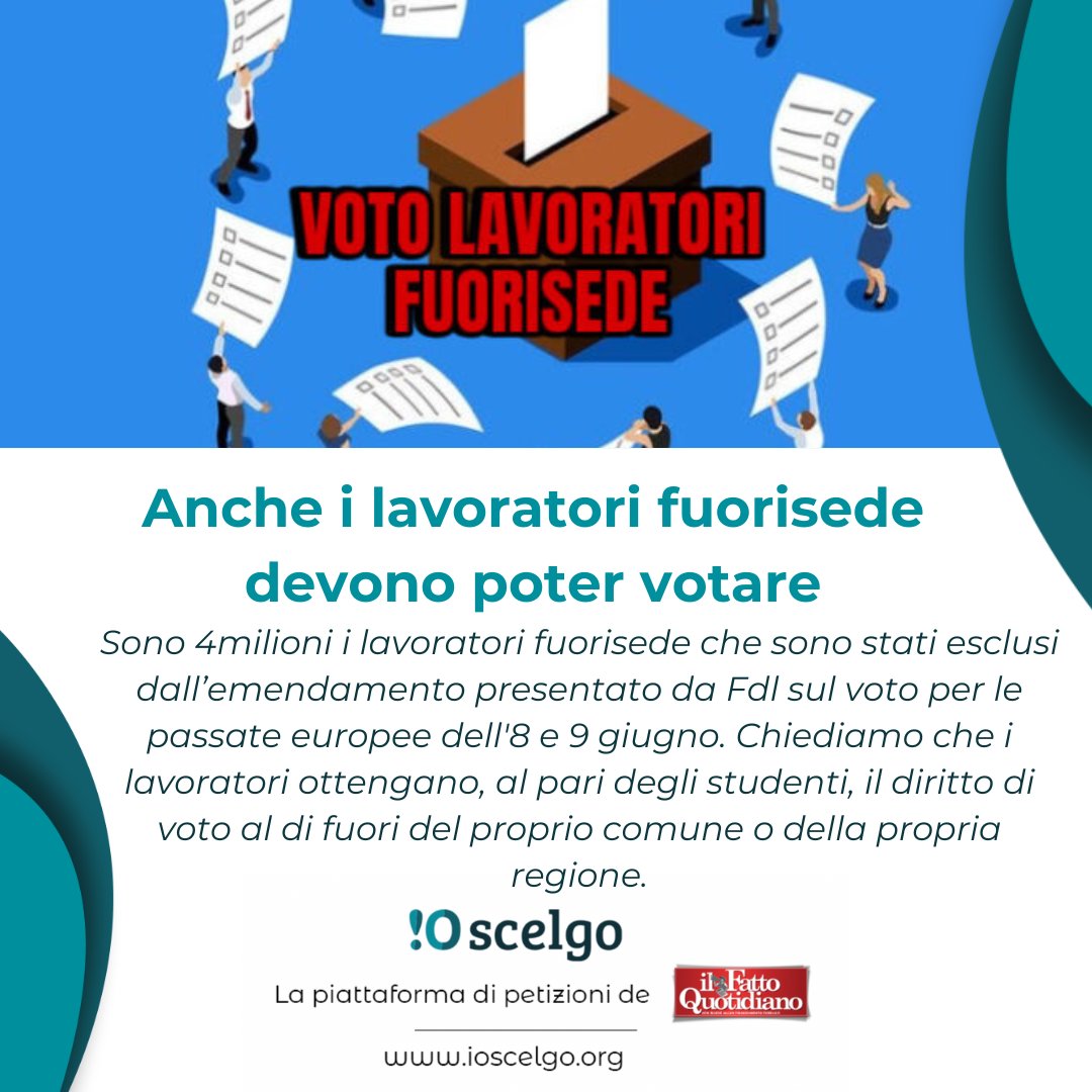 Anche i lavoratori fuorisede devono poter votare.
Chiediamo il diritto di voto fuorisede anche per i lavoratori, che tutt’ora risultano esclusi.
(un contributo di Katherine Puce)
📝FIRMA ORA LA PETIZIONE: ilfat.to/40jiwJp