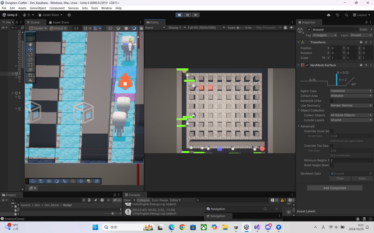 jdX7Bqi2bQ7962's tweet image. NavMeshのNavMeshModifierVolumeを使ってオブジェクトを置こうとする位置に高コストのエリアを動的に出してみた。これで経路探索した時に高コストエリアを通るかどうかを調べられれば、敵がゴールにたどり着けないように壁を置くことを防げるはずだ。
 #Unity #NavMesh #プログラミング