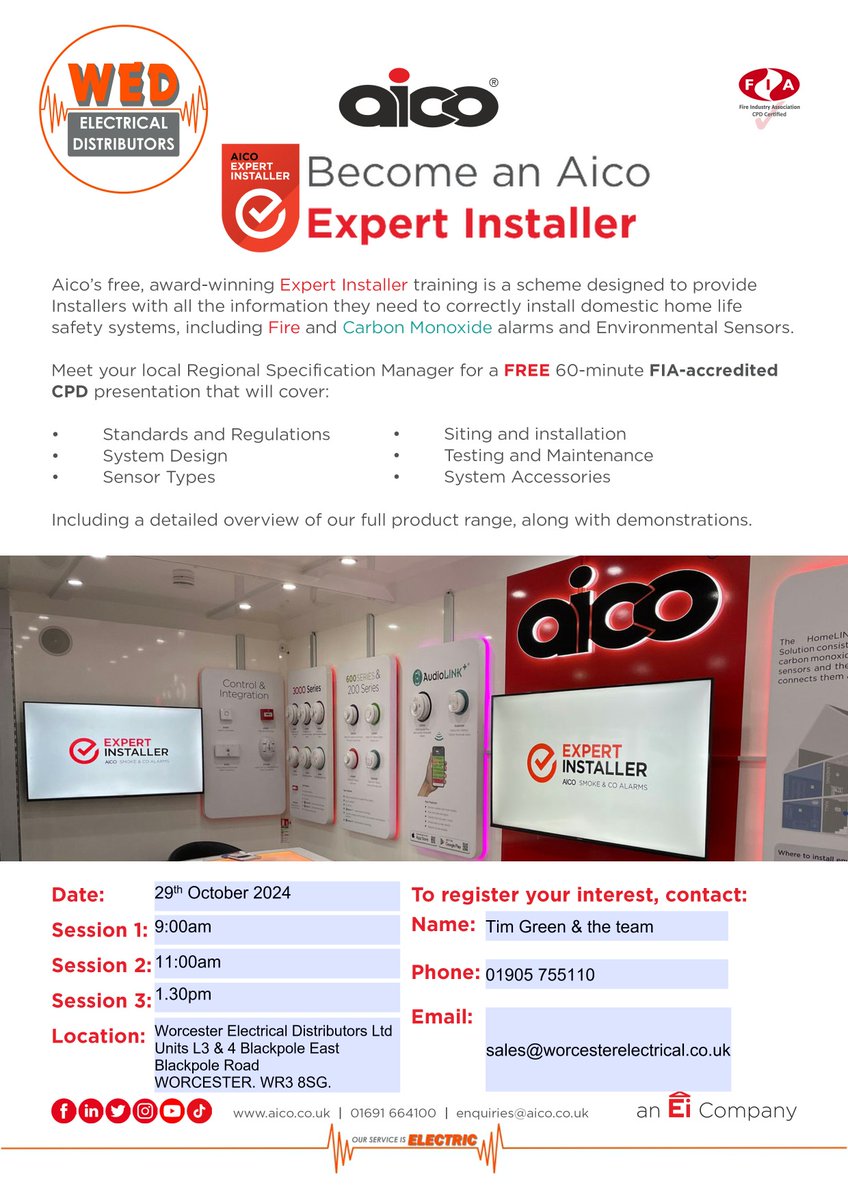 WEDLtd's tweet photo. Tues, 29th Oct Last few slots remaining for @aico CPD Expert Installer training, tomorrow at our Worcester branch. 

9am - FULL
11am/1.30pm - save your space on ☎ 01905 755110

Worcester Electrical Distributors, Units L3 &amp; 4 Blackpole East, Blackpole Road, Worcester, WR3 8SG https://t.co/6s4ZjYXe2R