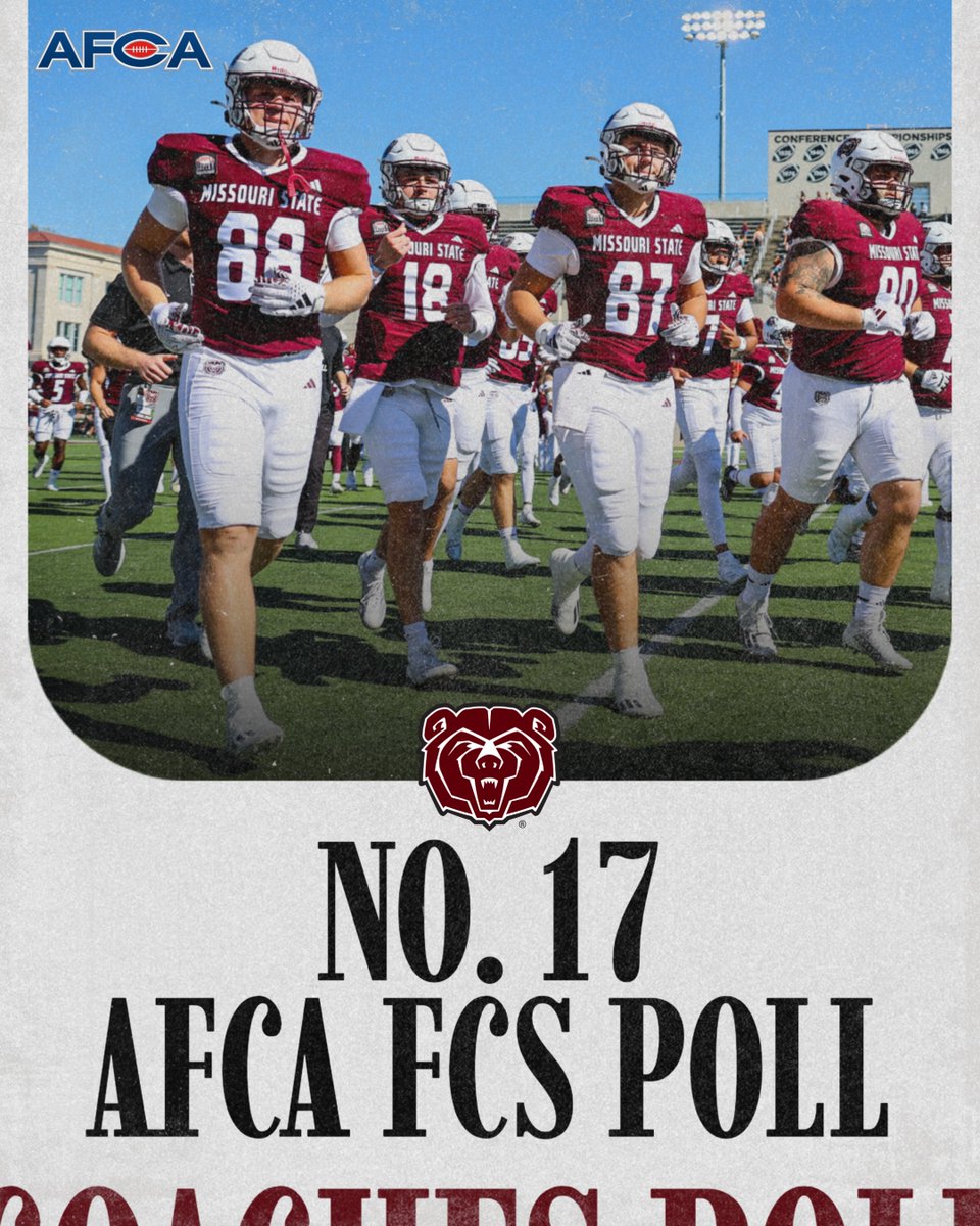 Trending in the right direction 📈

The Bears are up one spot to No. 17 in this week's <a href="/WeAreAFCA/">AFCA</a> FCS Coaches Poll!  
  
🔗 tinyurl.com/2sw74jnw

#GoBears | #OutHitOutHustle