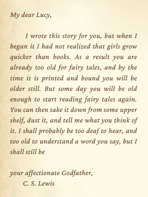 C.S. Lewis's dedication to his goddaughter Lucy Barfield in The Lion, the Witch, and the Wardrobe