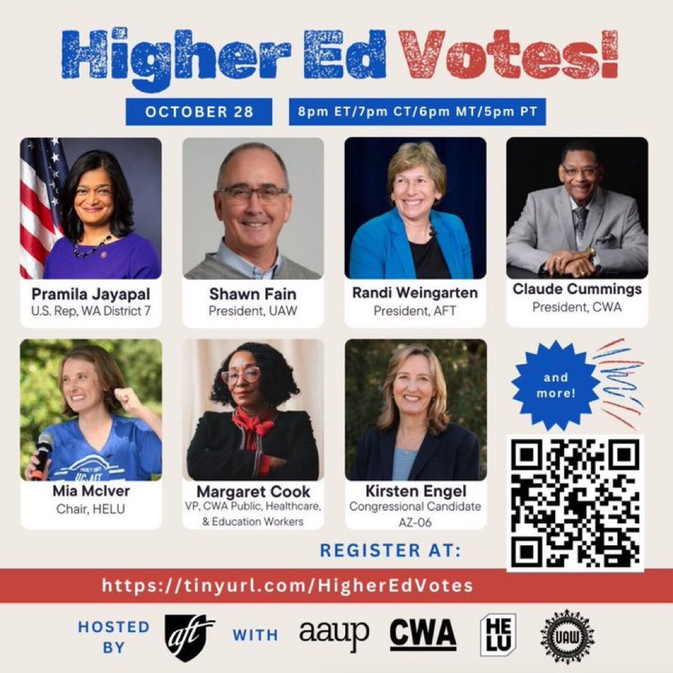 TODAY at 5 PM Pacific: join to rally online for a progressive vision of public higher education that works for all of us!

Register here: tinyurl.com/higheredvotes