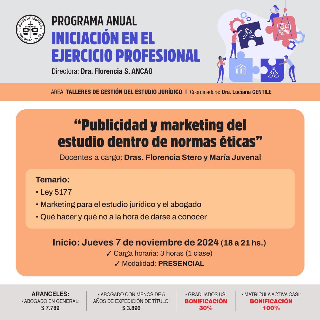 colsanisidro's tweet photo. [Taller]

🗓️ Jueves 7/11, 18:00 a 21:00

⚖️ "Publicidad y marketing del estudio dentro de normas éticas"

🎙️ Dras. Stero y Juvenal

📍  Sede Académica CASI: Acassuso 442 - San Isidro

❗Matrícula activa CASI: 100% bonificado

Más información: https://t.co/HogklnvtQ1 

#CASI https://t.co/AeRb2tABCm