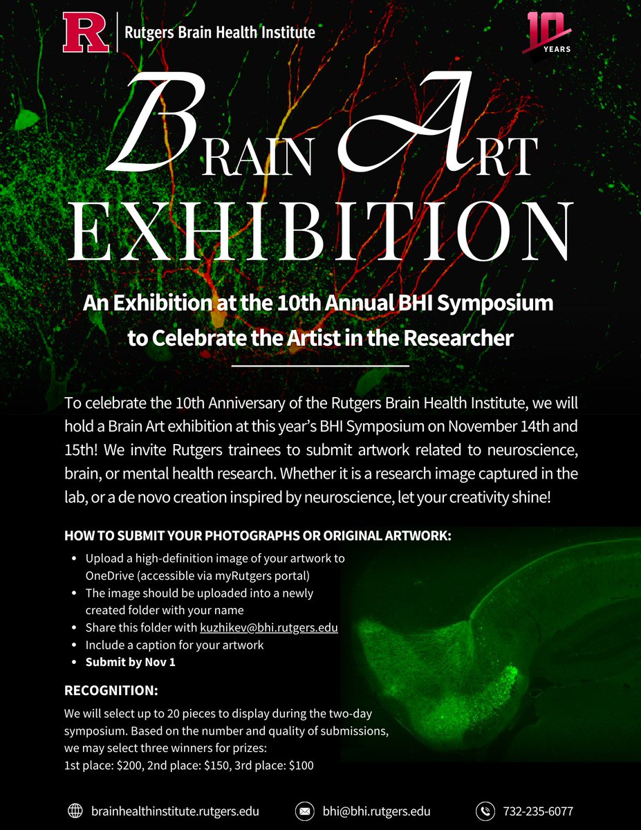 Rutgers Brain Health Institute (@bhi_rutgers) on Twitter photo 🔔Last Call for <a href="/RutgersU/">Rutgers University</a> trainees! Submit your #neuroscience, #brain, or #mentalhealth-inspired artwork to win cash prizes!🏆
In celebration of the 10th Anniversary of <a href="/BHI_Rutgers/">Rutgers Brain Health Institute</a>, we’re hosting a Brain Art Exhibition at the BHI Symposium on Nov 14-15!
🗓️Submit by Nov 1! 🔔Last Call for <a href="/RutgersU/">Rutgers University</a> trainees! Submit your #neuroscience, #brain, or #mentalhealth-inspired artwork to win cash prizes!🏆
In celebration of the 10th Anniversary of <a href="/BHI_Rutgers/">Rutgers Brain Health Institute</a>, we’re hosting a Brain Art Exhibition at the BHI Symposium on Nov 14-15!
🗓️Submit by Nov 1!