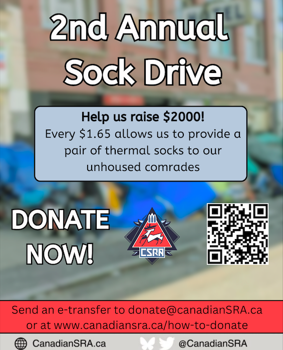 Attention Comrades. We have kicked off our 2nd Annual Winter Sock Drive! Last year we raised over $1700 and this year we want to do better. Please donate what you can afford, and share this with as many people as possible. We keep us safe. #MutualAid
canadiansra.ca/second-annual-…