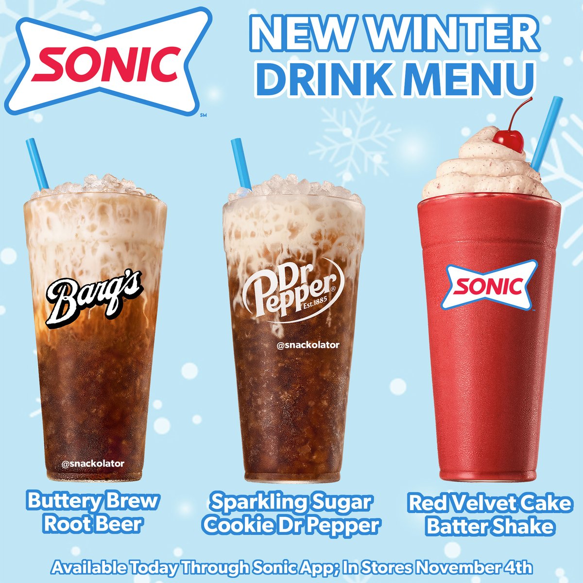 snackolator's tweet photo. Sugar Cookie Dr Pepper?! Sonic unveiled three new winter drinks and they sound incredible with a Red Velvet shake and a new twist on Butterbeer!

These are available starting today through the Sonic App early access, or you can wait until November 4th to order without the app. https://t.co/mnQRVuN8uq