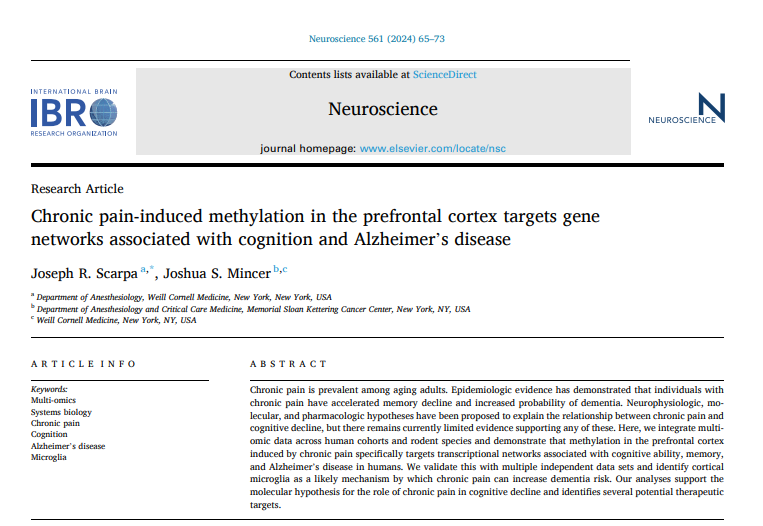 Memorial Sloan Kettering Anesthesia (@msk_anesthesia) on Twitter photo Check out our new article on "Chronic pain-induced methylation in the prefrontal cortex targets gene networks associated with cognition and Alzheimer’s disease" 
sciencedirect.com/science/articl… Check out our new article on "Chronic pain-induced methylation in the prefrontal cortex targets gene networks associated with cognition and Alzheimer’s disease" 
sciencedirect.com/science/articl…