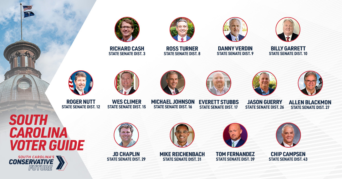 jwarrensc's tweet photo. In the SC Senate, conservatives have the chance to make a generational impact in 2024. South Carolina's Conservative Future is proud to endorse these Republicans who all face opposition in the general election. They will work to limit the size of government, increase economic opportunity, expand school choice, support judicial reform, and protect life.