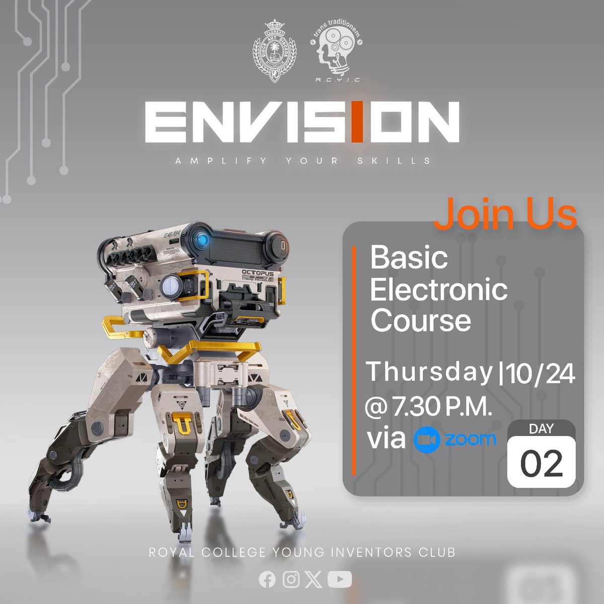 RCYICMembers's tweet photo. Envision'24 : Amplify Your Skills

Join us for Day 2 of the Basic Electronics Course

Date : Thursday, 24th
Time : 7:30 PM Via Zoom.
Link : https://t.co/ttPG4rFGSZ

#Envision24
#RCYIC https://t.co/ZxXsrnaK1L