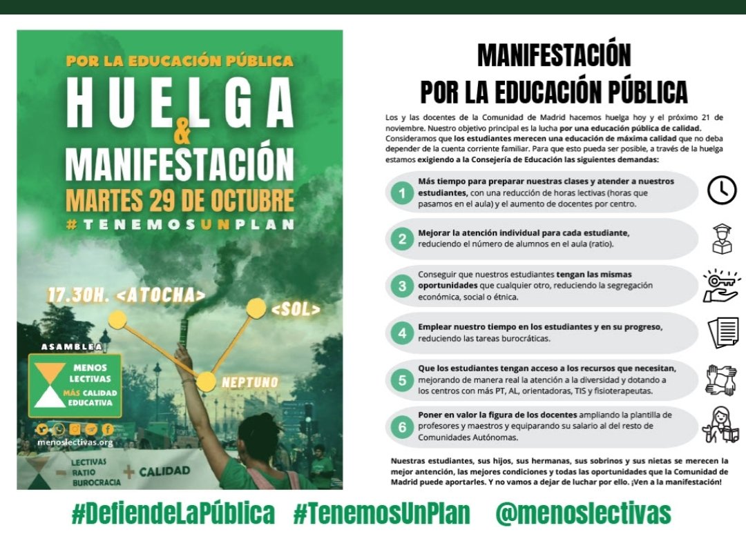 VctorClavijo's tweet photo. Yo apoyo la HUELGA y MANIFESTACIÓN de los docentes en defensa de la EDUCACIÓN PÚBLICA. 
Por una mayor calidad educativa. 

Mañana, manifestación a las 17:30 con salida desde Atocha y llegada a Sol. 

Comparte 👇 https://t.co/3qnaKyddl1