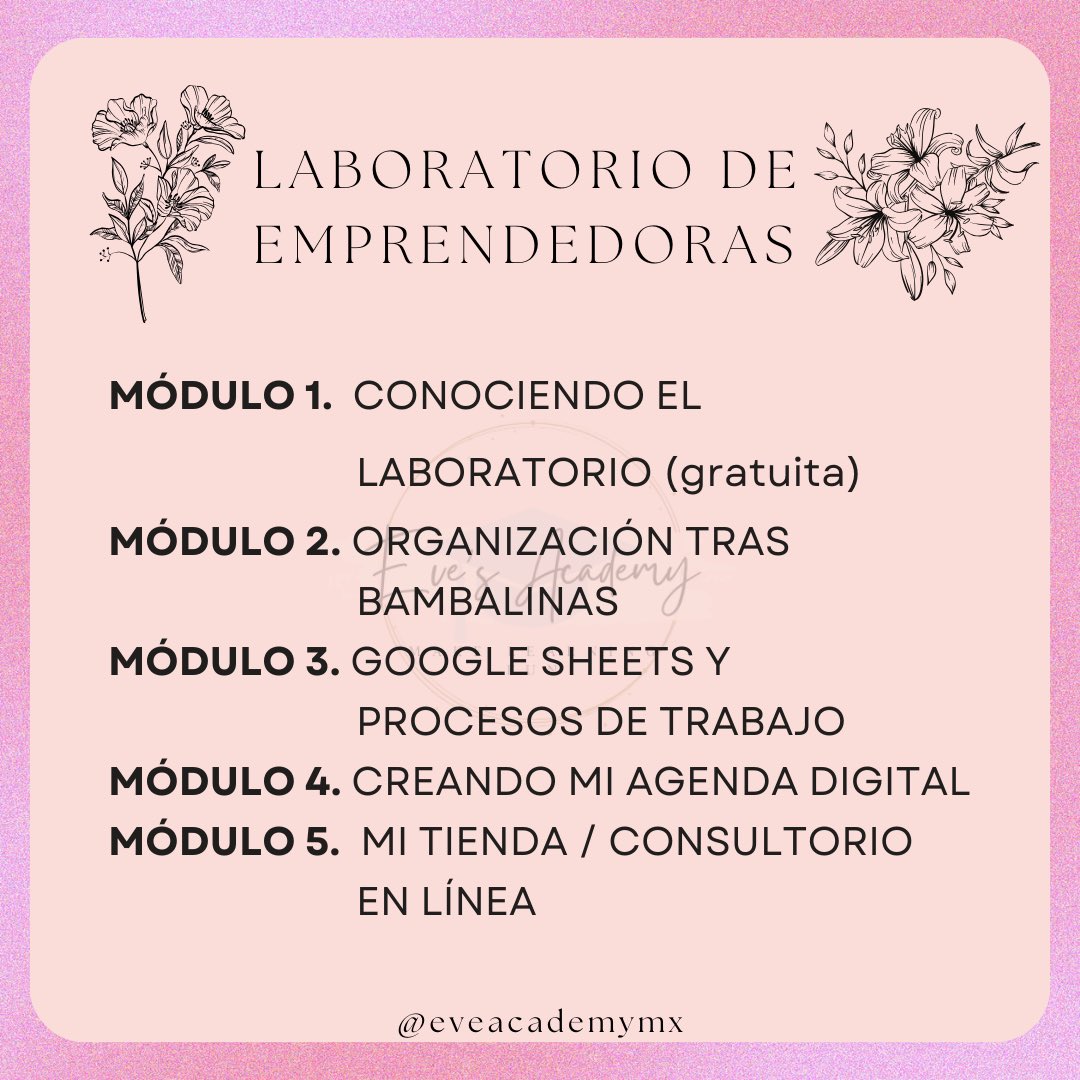 eveacademymx's tweet photo. Conoce el ✨Laboratorio de emprendedoras✨

Aquí aprenderás a 
🌸 crear y seguir procesos de trabajo
🌸 automatizar tu agenda
🌸 diseñar un sitio web para tener tu tienda o consultorio on line

Y muchas cosas más!

Mantente atenta para las fechas y costos. https://t.co/4LNbOlvPs2