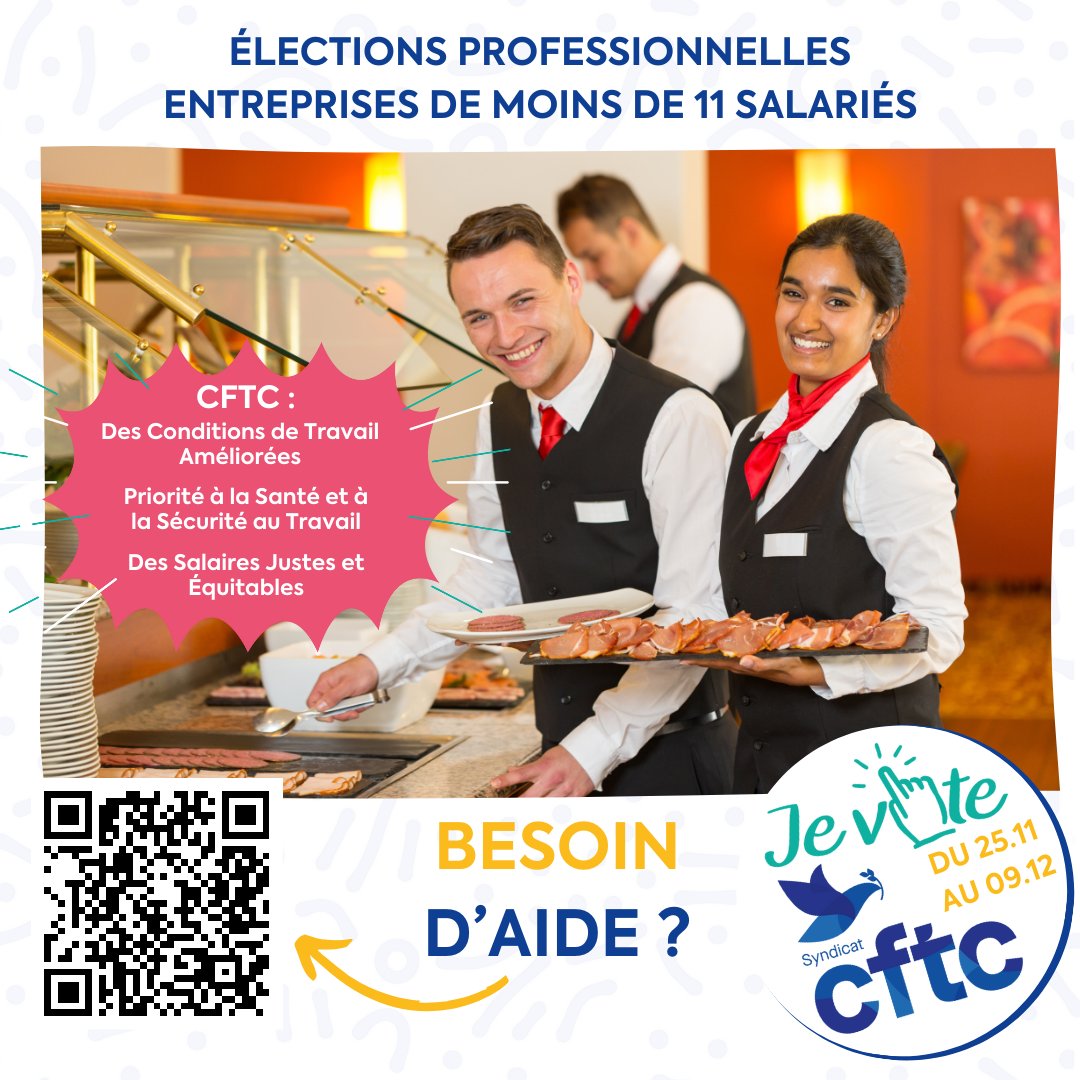 🔵 Vous travaillez dans une entreprise de moins de 11 salariés, dans la #coiffure, la #restauration, la #boulangerie ou une #épicerie ?
🗳️ Votez pour le <a href="/SyndicatCFTC/">Syndicat CFTC</a> lors de l'élection TPE qui aura lieu du 25/11 au 09/12/2024.

#CFTC #JeVoteCFTC #électionTPE <a href="/ChabanierCFTC/">Cyril Chabanier</a>