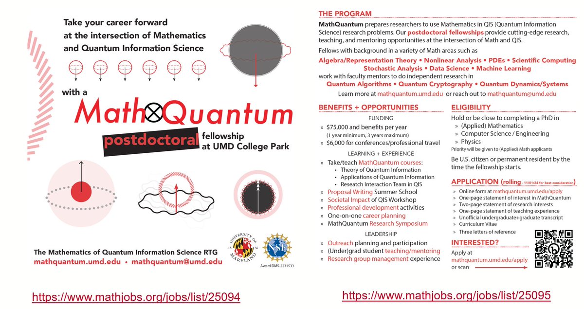 Avik Dutt (@duttavik) on Twitter photo Reposting as the best consideration date (Nov 1) approaches: our group at <a href="/UofMaryland/">Univ. of Maryland</a> has an opening for a postdoctoral fellow at the intersection of #Math and #Quantum Information Science. Please help spread the word!
mathjobs.org/jobs/list/25094
mathquantum.umd.edu Reposting as the best consideration date (Nov 1) approaches: our group at <a href="/UofMaryland/">Univ. of Maryland</a> has an opening for a postdoctoral fellow at the intersection of #Math and #Quantum Information Science. Please help spread the word!
mathjobs.org/jobs/list/25094
mathquantum.umd.edu