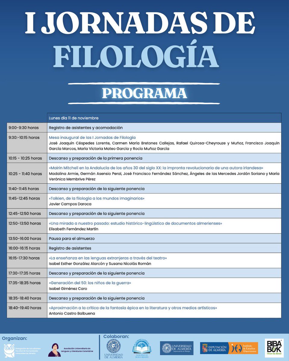humanistasual's tweet photo. 📚¡I Jornadas de Filología!📚

¿Te atreves a explorar la Filología como nunca antes? El lunes día 11 y el martes día 12 de noviembre🗓️, la Sala de Grados del Paraninfo de la @ualmeria 📍será el escenario de un evento único, organizado por estudiantes de Filología. https://t.co/cNJtg5DMQV