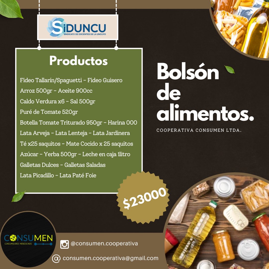 consumen_coop's tweet photo. 📢 GRAN NOTICIA ➡️ Van a poder acceder a los bolsones d mercadería y  limpieza d #consumen a precios increíbles lxs docentes afiliadxs de #siduncu
Las entregas se harán el día 04 d nov. en el local d #siduncu 
Seguimos en el objetivo de acercar los productos a cada trabajador/ra. https://t.co/y581Dqm8WC