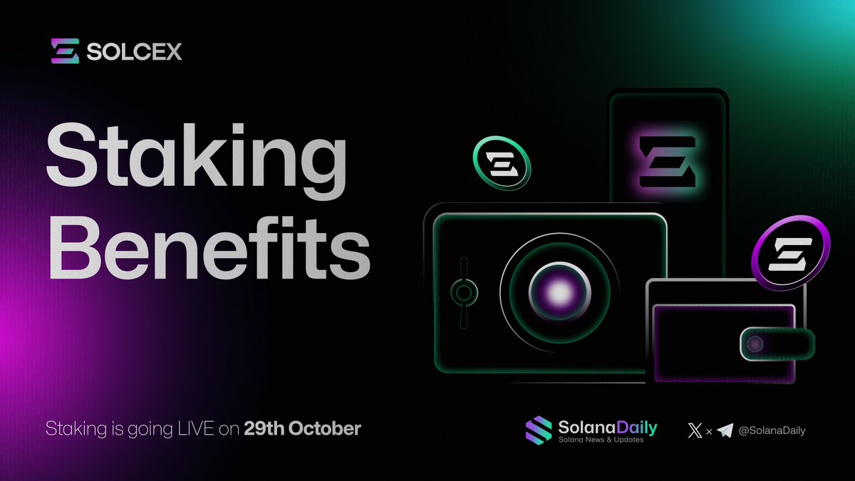 solana_daily's tweet photo. Get ready for the epic Staking feature release on @SolCex_Exchange!!

Be early to stake a minimum of 400,000 $SOLCEX &amp; receive a whopping 30% APY!!🤑

Holding $SOLCEX also enables you with exclusive airdrop from projects listed on SolCex!

Go explore now: https://t.co/v5I9YK2wlX https://t.co/nRGOOvTqvg