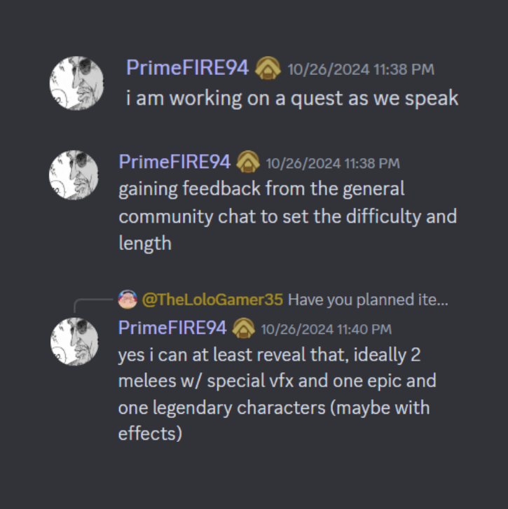 RBX_ArsenalNews's tweet photo. PrimeFIRE is currently planning out a quest for Arsenal! 👀
The rewards are 2 melees and 2 characters (subject to change!!) 🎉

What would you like to see in this quest..? 💭 https://t.co/yITlL9vNiP