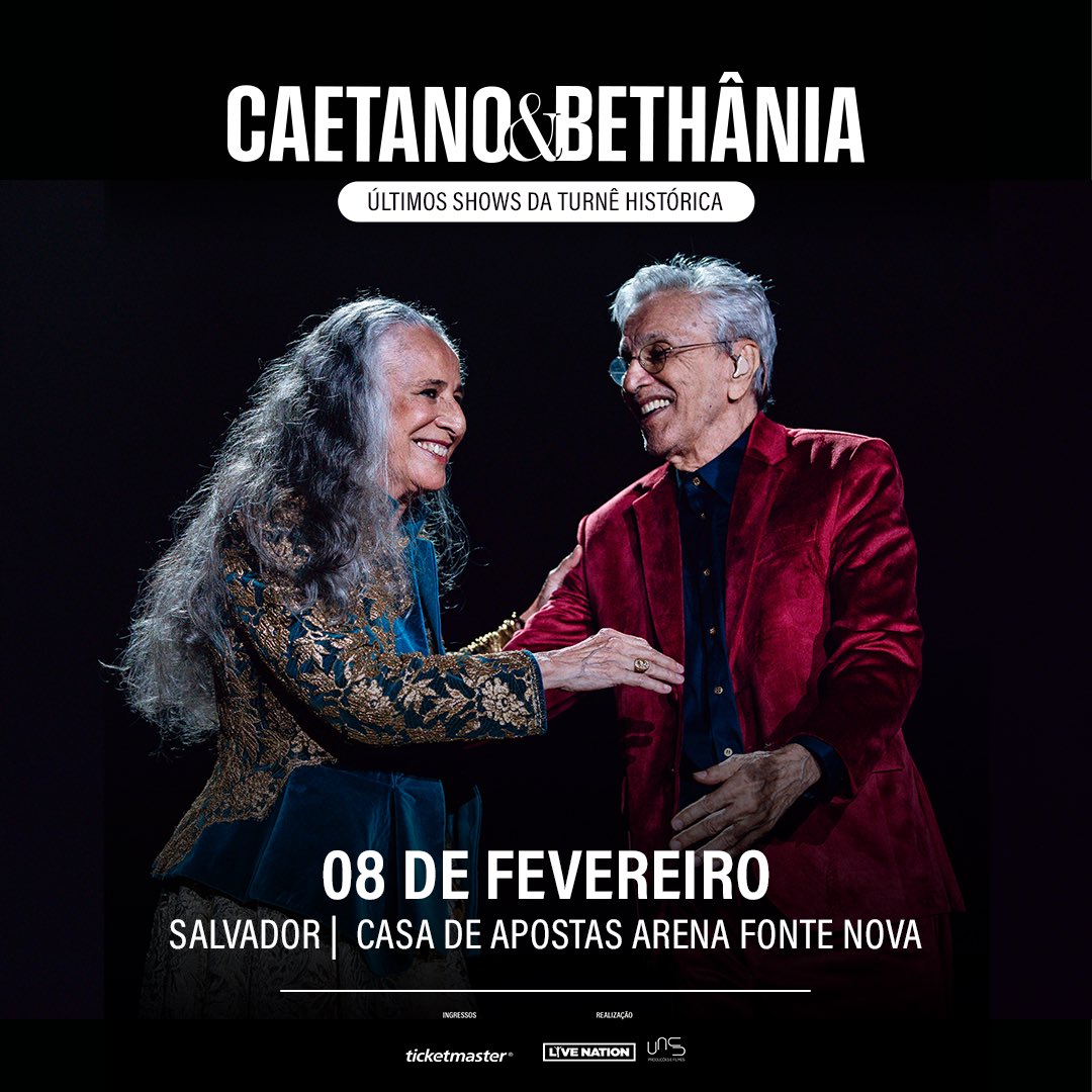 Alô, Salvador! Dia 08/02 tem #CaetanoEBethâniaTour na Casa de Apostas Arena Fonte Nova. ❤️

Abertura de vendas: AMANHÃ (29/10), às 10h, na Ticketmaster: ticketmaster.com.br/event/caetano-… 👈🏼