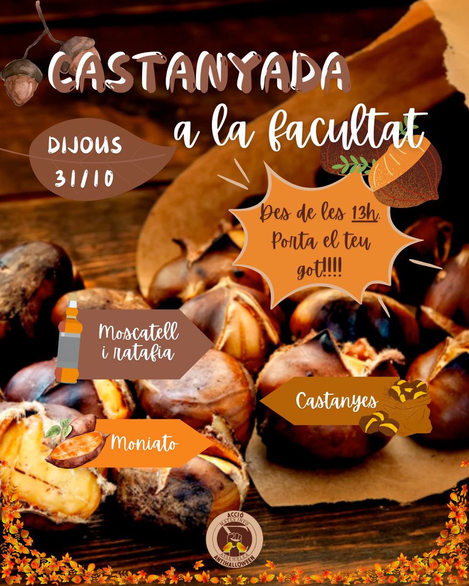 Aquest dijous vine a celebrar amb les teves companyes la castanyada a la facultat!!! 🍠🌰

Ens trobem a partir de les 13h al claustre. No oblidis portar el teu got 🥃

Fem pinya, fem claustre, fem facultat