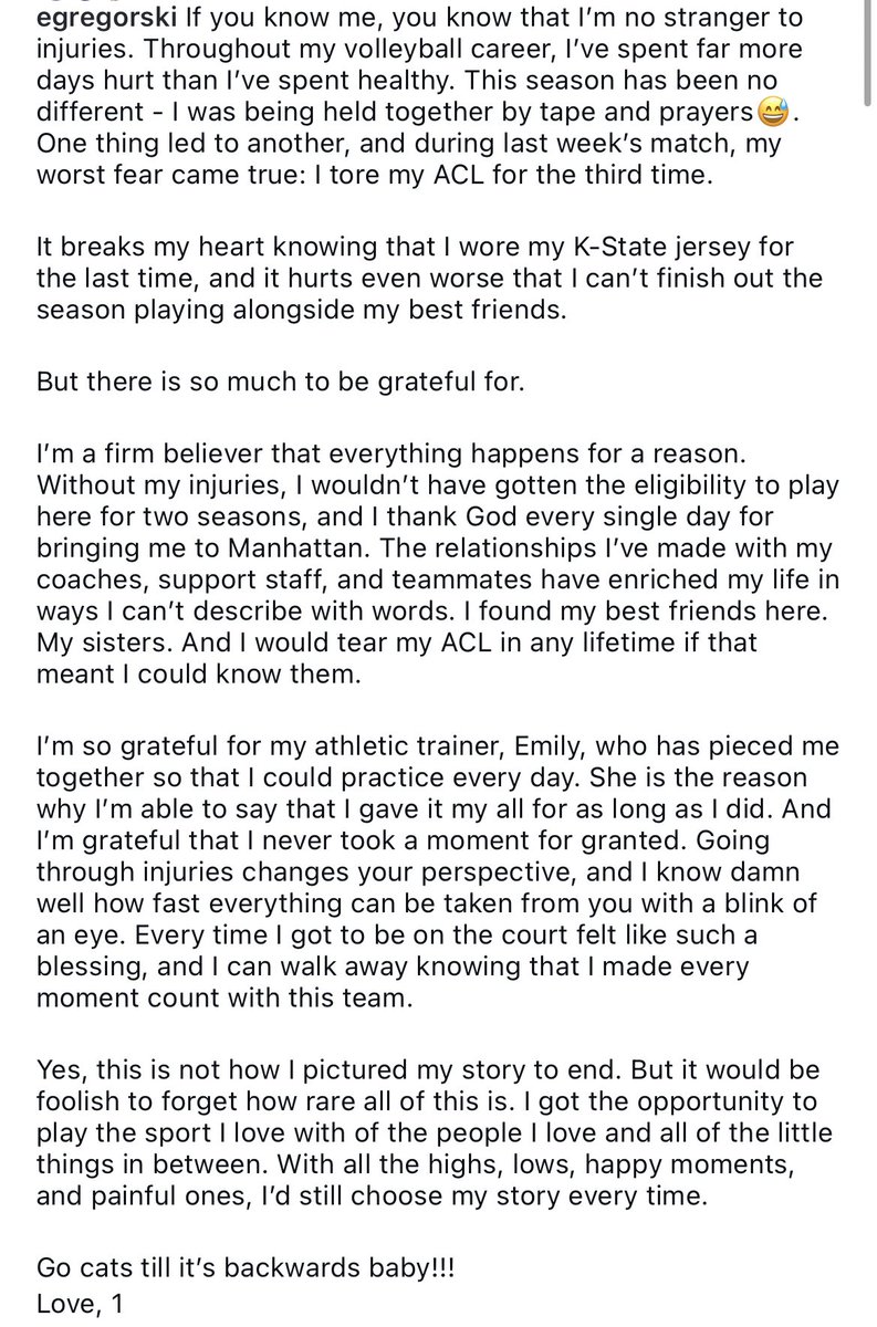 Carter Schaffer (@carterrschaffer) on Twitter photo Haven’t seen much mention of this, but after <a href="/KStateVB/">K-State Volleyball</a>’s win over Iowa State last night, Liz Gregorski officially hung up her jersey. This comes after she tore her ACL in the KU game on the 17th. (via her Instagram) Haven’t seen much mention of this, but after <a href="/KStateVB/">K-State Volleyball</a>’s win over Iowa State last night, Liz Gregorski officially hung up her jersey. This comes after she tore her ACL in the KU game on the 17th. (via her Instagram)