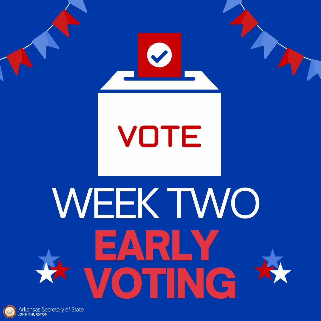 ARSecofState's tweet photo. Haven't voted yet? There's still time! Early voting for week two starts today, October 28th. You can find early voting locations or your sample ballot at https://t.co/QK5o8RDtdd.

#ARSoS #TrustedInfo2024 #Arkansas https://t.co/swA3ayLxbU